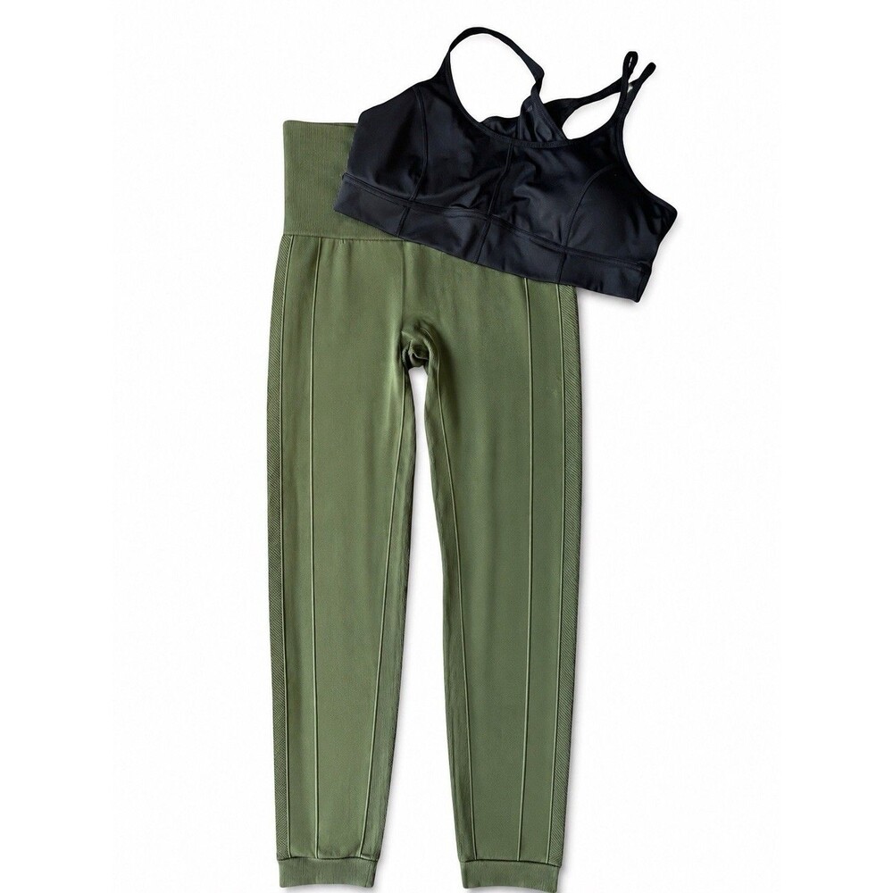 HOMMA XL Activewear Set Olive Green Leggings Black Sports Bra Athleisure Gym